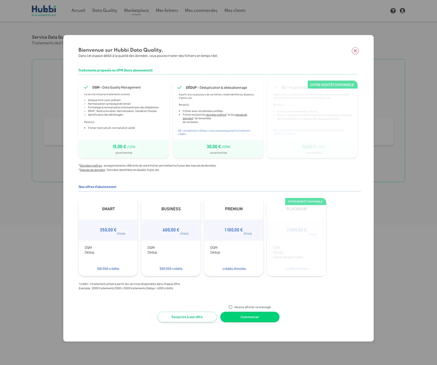 Écran de tarification du service Data Quality